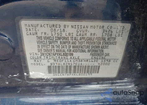 2019 Nissan Versa 1.6 Sv из США, поврежденный, VIN 3N1CN7APXKL800199